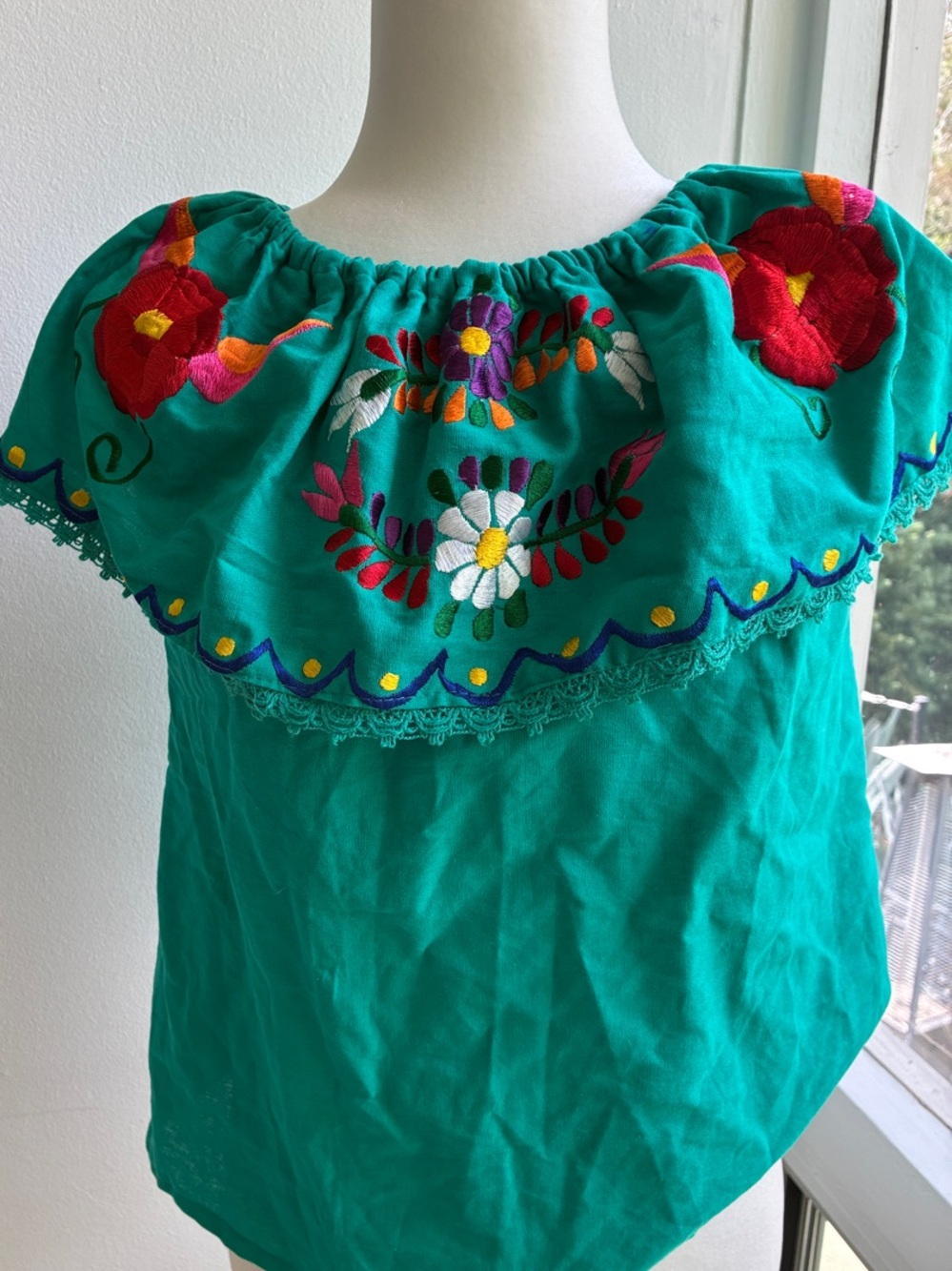 Girls' Teal Embroidered Off-Shoulder Blouse